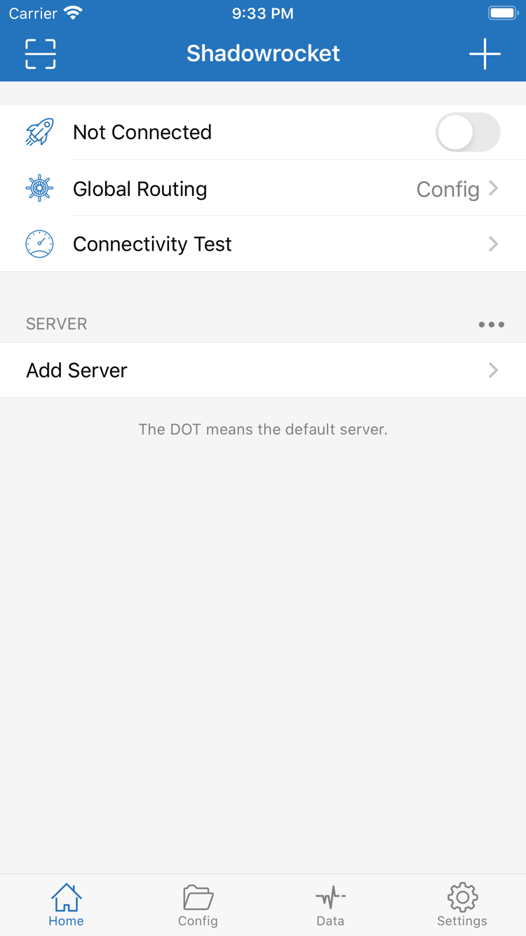 Shadowrocket Home 공식 스크린샷: Not Connected 스위치, Global Routing, Connectivity Test, SERVER 그룹 및 Add Server 표시