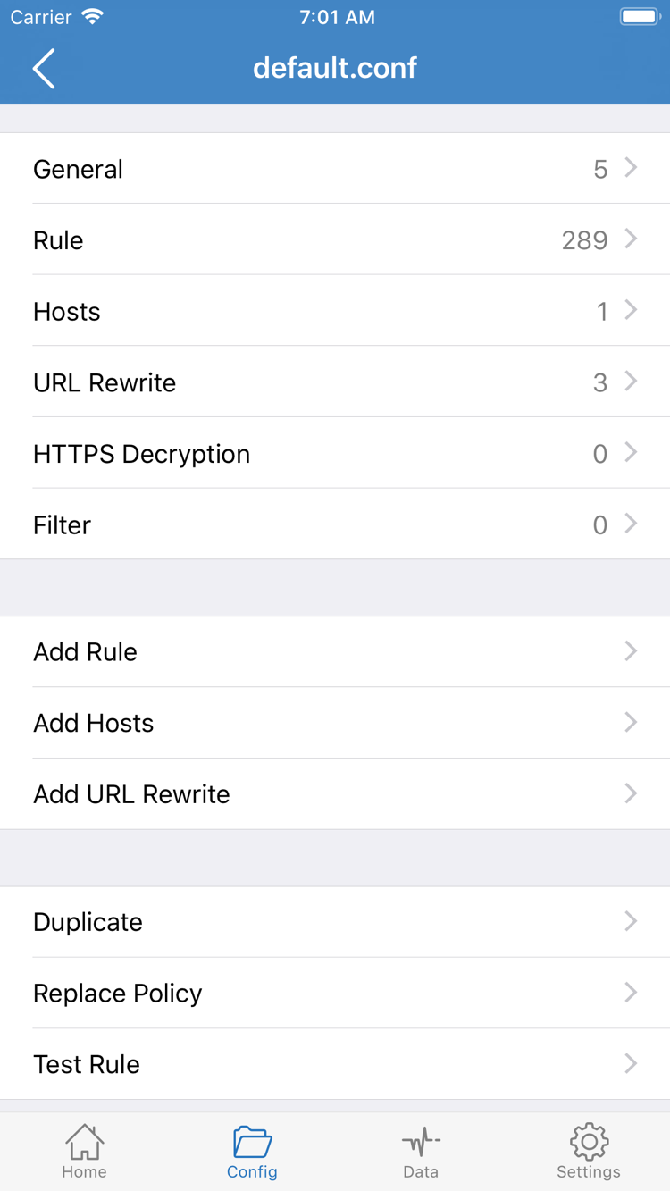 Shadowrocket Config 공식 스크린샷: General, Rule, Hosts, URL Rewrite, HTTPS Decryption 섹션과 Add Rule 표시